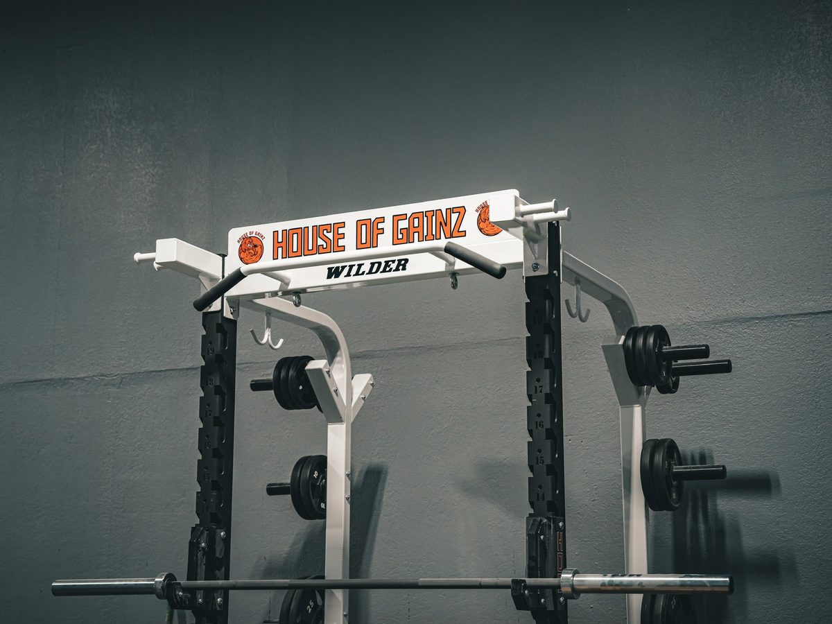 Custom House of Gainz-branded Wilder rack at Hub (Austin)